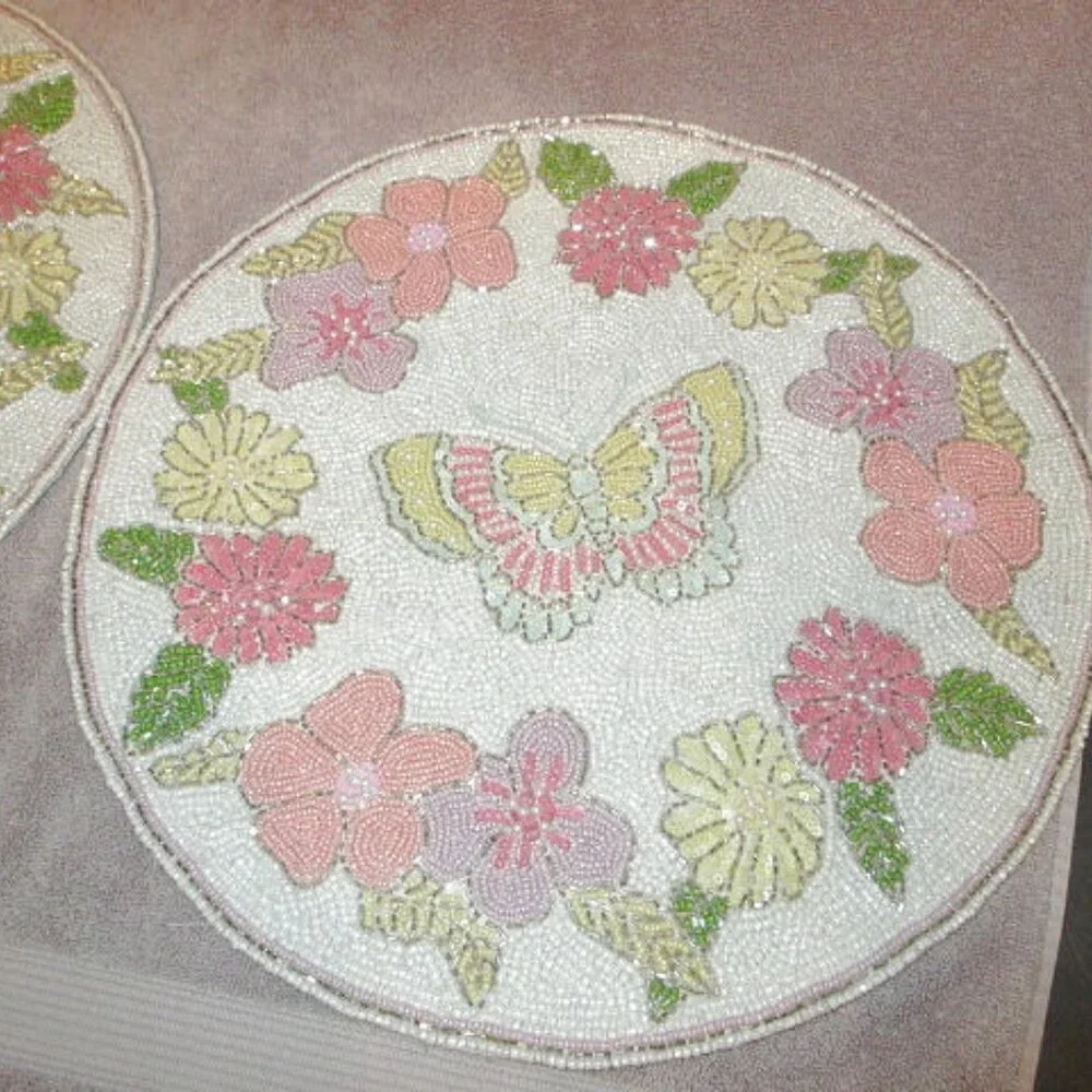 Wild Blossom Beaded Placemats Centerpiece Butterfly Flowers Round Set Of 2